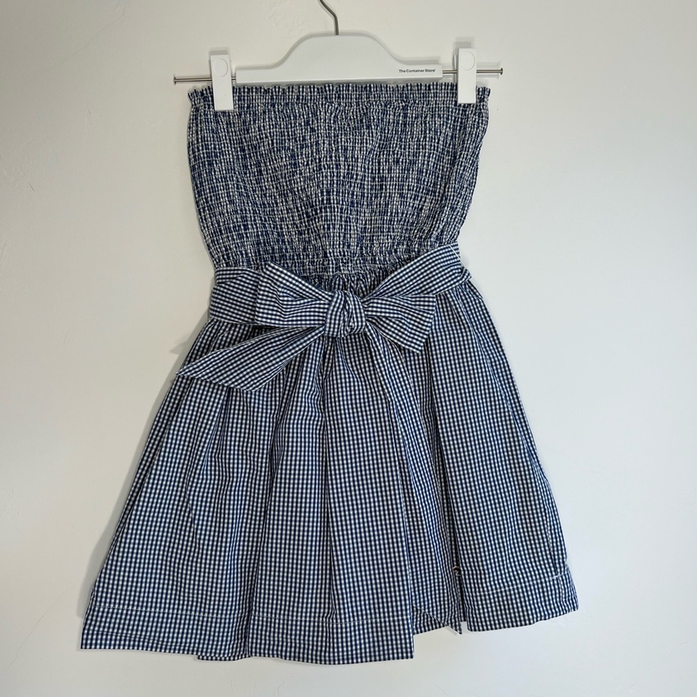 Blue Gingham Strapless dress with adjustable waist bow